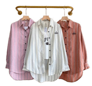 kemeja wanita motif garis Butik Naomi warna pink, krem, coklat lengan panjang